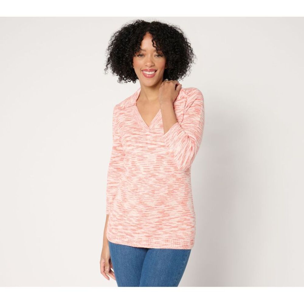 Susan Graver Women's Top Plus Sz Sweater 1X Split Neck Elbow Sleeve Pink A699090